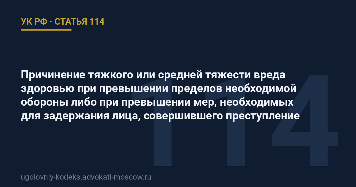 Статья 114 УК РФ: Причинение тяжкого или средней тяжести вреда здоровью при превышении пределов необходимой обороны либо при превышении мер, необходимых для задержания лица, совершившего преступление