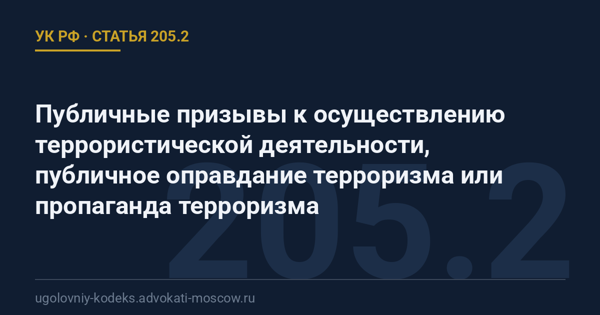 Статья 205.2 УК РФ: Публичные призывы к осуществлению террористической деятельности, публичное оправдание терроризма или пропаганда терроризма