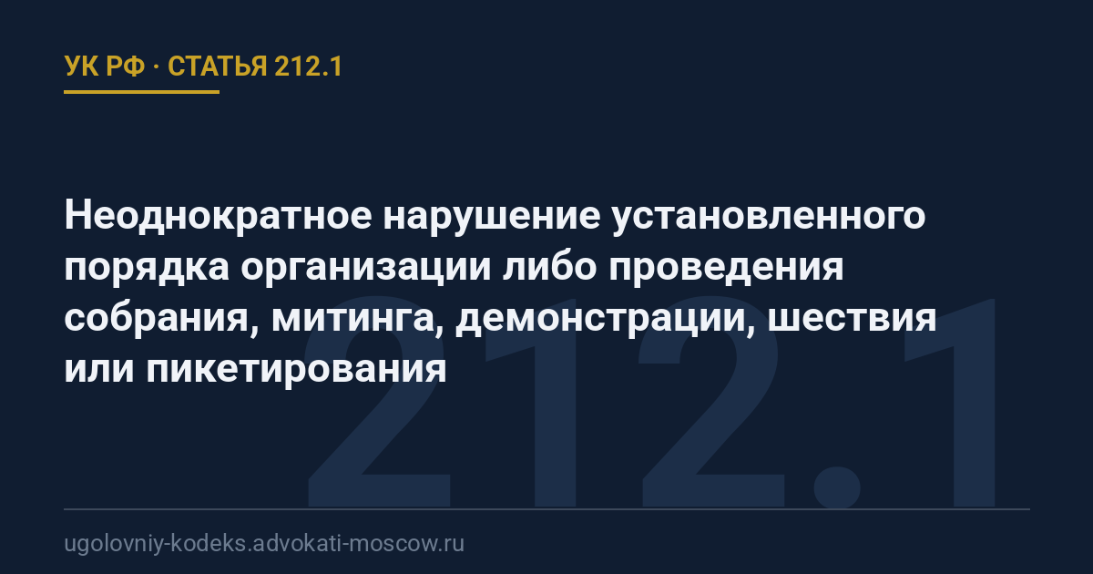Статья 212.1 УК РФ: Неоднократное нарушение установленного порядка организации либо проведения собрания, митинга, демонстрации, шествия или пикетирования