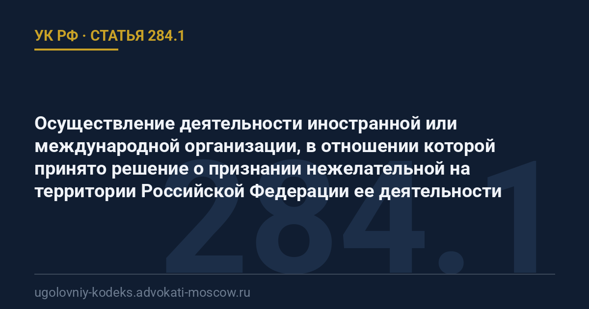 Статья 284.1 УК РФ: Осуществление деятельности иностранной или международной организации, в отношении которой принято решение о признании нежелательной на территории Российской Федерации ее деятельности