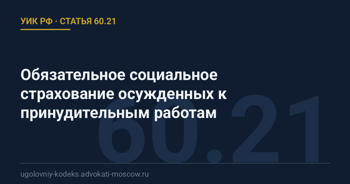 Статья 60.21 УИК РФ: Обязательное социальное страхование осужденных к принудительным работам
